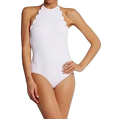 LAPAYA Women's Bathing Suit Scalloped High Neck Halter Backless 1 Piece Swimsuit | Amazon (US)