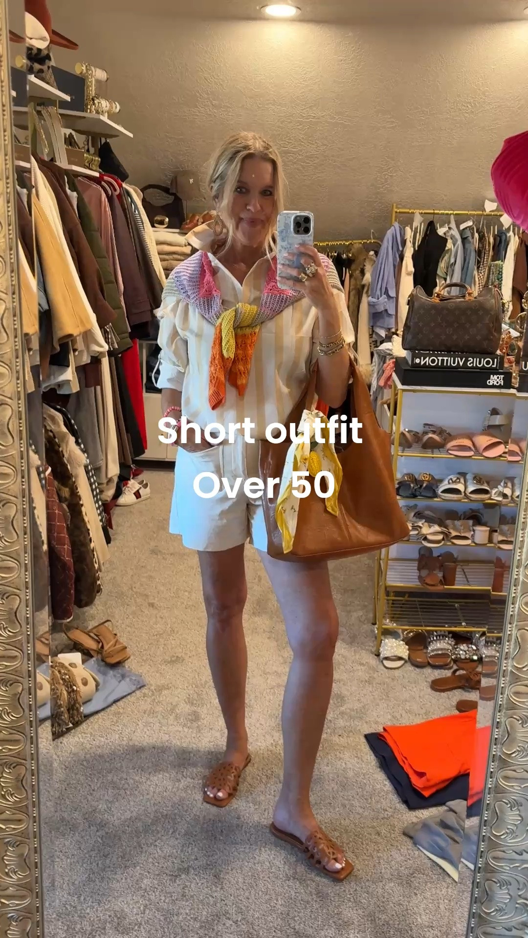 Short outfit over 50 

Amazon find check 3/4 sleeve 
Tts 

Front pocket shorts 
Tts 
Save 15% off with code Deardarcyxspanx 

Colorful stripe lightweight sweater  

Vegan leather tote 
Tied with scarf and lemon charm 

Designer inspired slide sandals but Amazon find for under $50
The designer ones are over $900