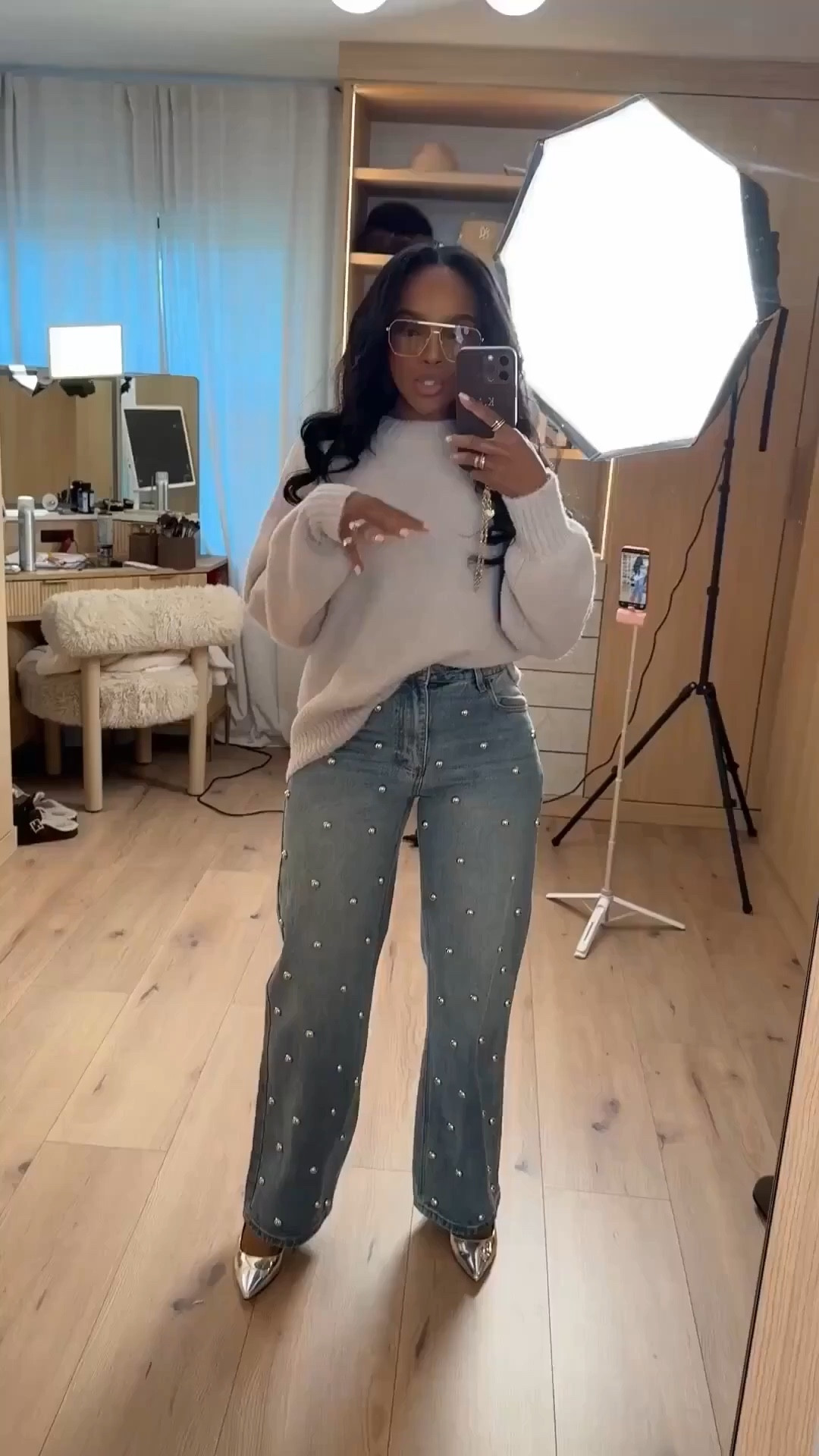 Denim with a little sparkle ✨  

Cozy knit + embellished denim = the perfect mix of comfy and statement. Easy for brunch, shopping days, or a cute casual dinner — just add a pointed heel and you’re set.  @prettylittlething 

#LTKPetite #LTKootd #LTKgrwm