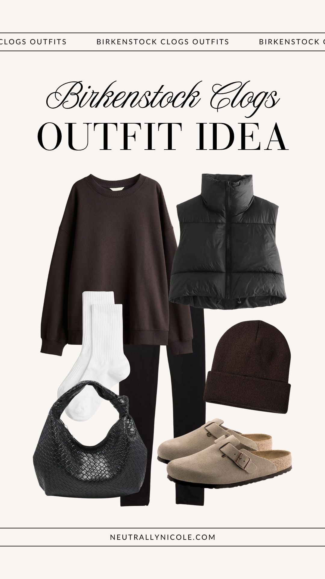 Birkenstock clogs outfit idea | Birkenstock clogs outfits, Birkenstock outfit, Birkenstock outfits, casual outfit, brunch outfit, fall outfit, winter outfit, errands outfit, leggings outfit, atheleisure outfit, walking outfit, lazy day outfit, rainy day outfit, over sized sweatshirt, puffer vest, beanie, woven knot bag, woven knot tote // neutrallynicole, @neutrallynicole, neutrallynicole.com, Neutrally Nicole

#LTKTravel #LTKPetite #LTKFindsUnder100 #LTKStyleTip #LTKSaleAlert #LTKFindsUnder50 #LTKSeasonal #LTKShoeCrush #LTKItBag
