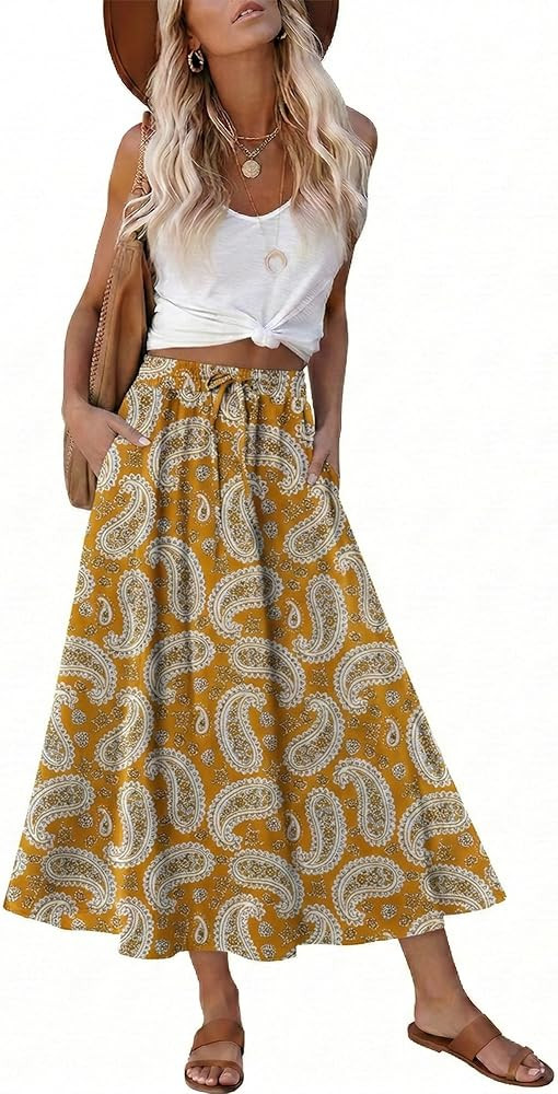 Women's Print Midi Skirt with Pocket Elastic High Waist 2026 Trendy A-Line Bohe Leopardr Swing Sk... | Amazon (US)