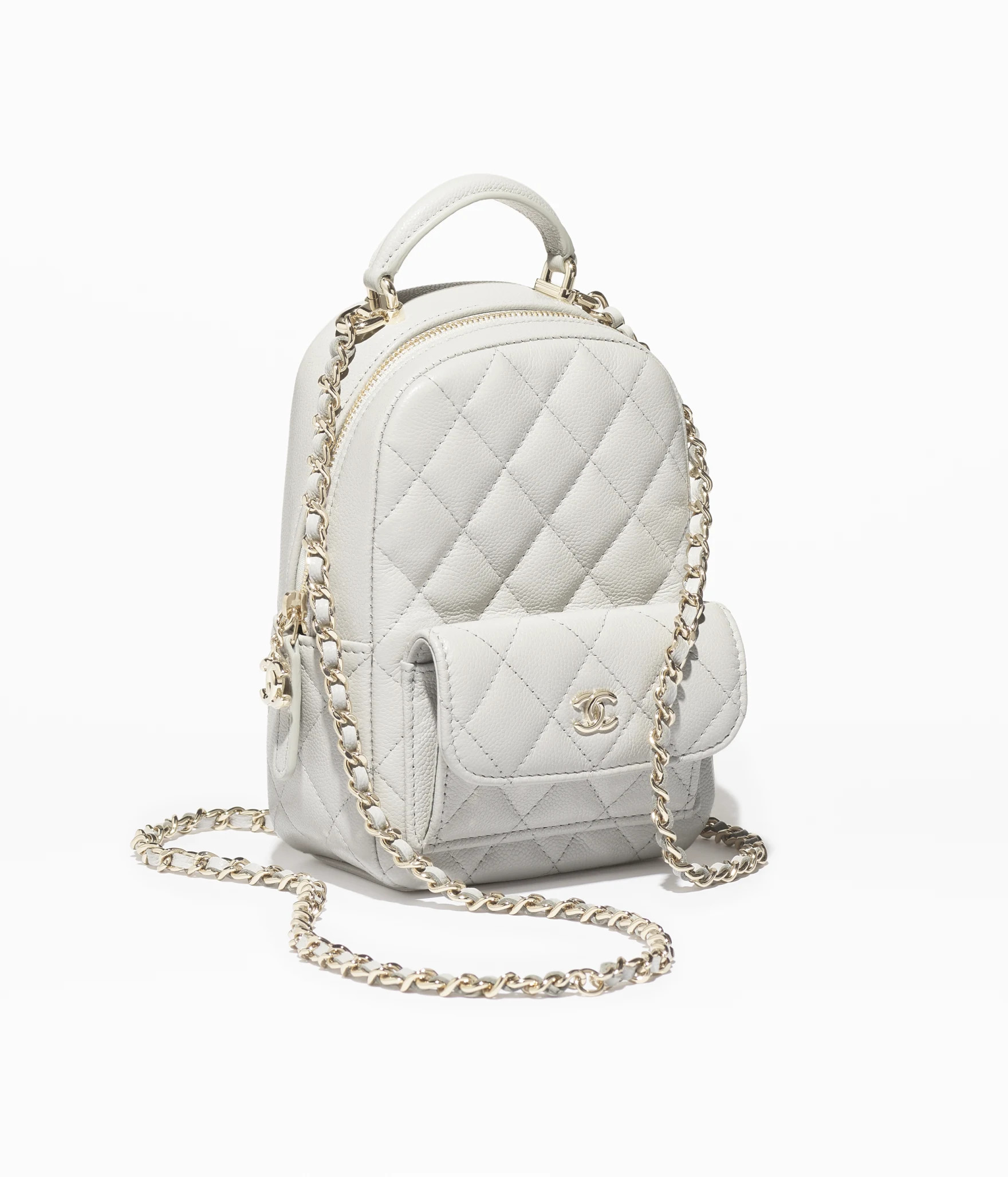 Classic mini backpack - Grained shiny calfskin & gold-tone metal, light gray — Fashion | CHANEL | Chanel, Inc. (US)