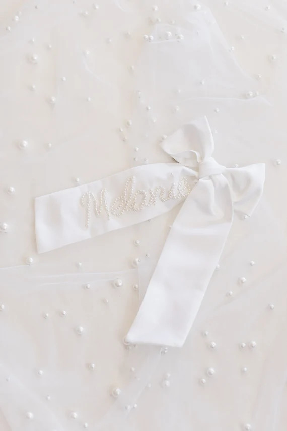 Annette  White Satin Bow With Beaded Name - Etsy | Etsy (US)