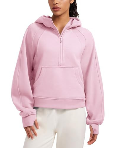 CRZ YOGA Womens Fleece Lined Half Zip Hoodies Pullover Oversized Long Sleeve Casual Workout Sweatshirts with Thumb Holes Pink Peony Large | Amazon (US)