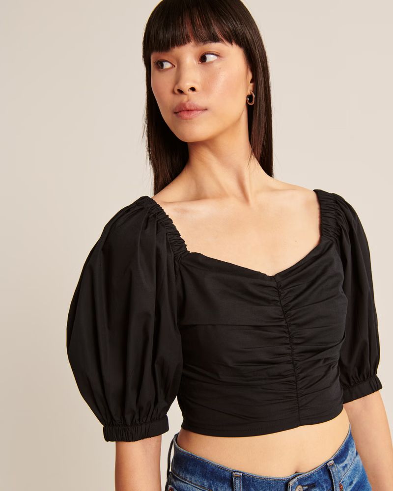 Women's Cinched Puff Sleeve Poplin Top | Women's Clearance | Abercrombie.com | Abercrombie & Fitch (US)