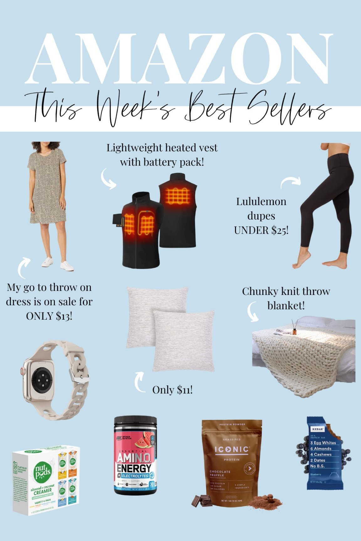 Amazon finds // my go to dress is only $13!! // heated vest — perfect for the winter // Lululemon align leggings dupe // home decor // living room // workout protein // whole 30 // keto friendly 

#LTKfit #LTKhome #LTKunder100