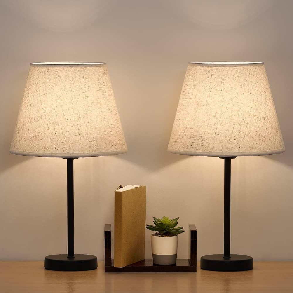 LIANTRAL Bedside Table Lamps Set of 2, Modern Small Desk Lamp with Linen Fabric Shades & Black Me... | Amazon (UK)