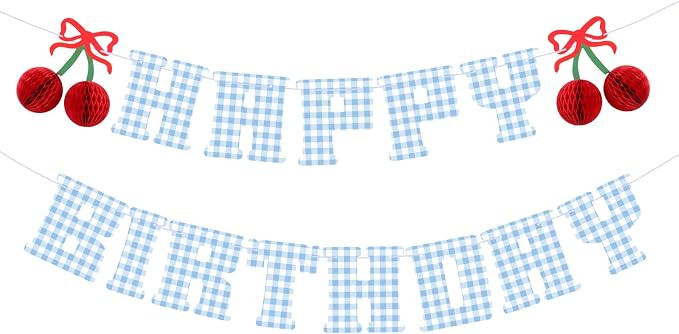 7.2 ft Happy Birthday Cherry Banner Blue Gingham Cherry Birthday Party Decorations 3D Colorful Ha... | Amazon (US)