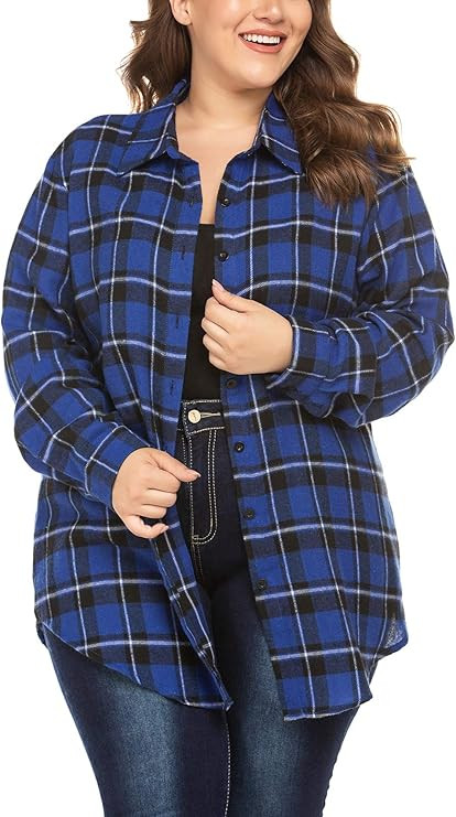 IN'VOLAND Womens Plus Size Flannel Plaid Shirt Roll Up Long Sleeve Mid-Long Button Down Shirts Ca... | Amazon (US)