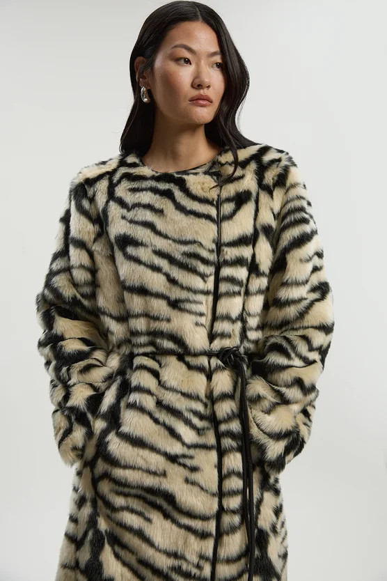Faux Fur Zebra Collarless Tie Belted Midi Coat | Karen Millen US