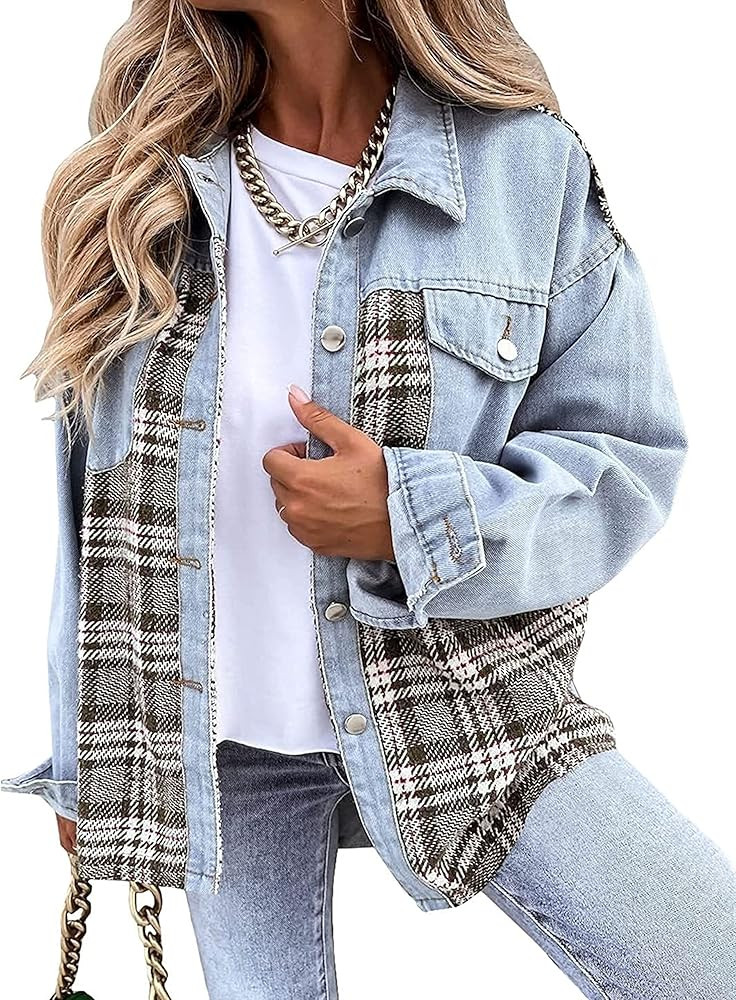 PUWEI Denim Jacket for Women Fringe Long Sleeve Button Down Plaid Jean Shacket Jacket | Amazon (US)