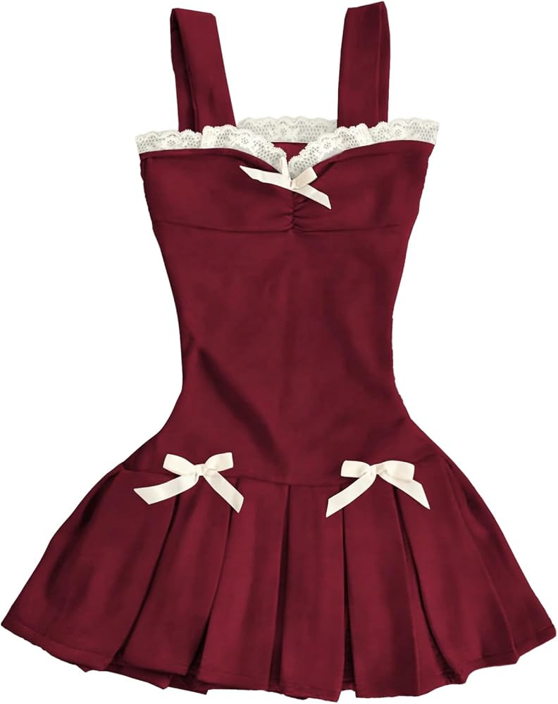 OYOANGLE Women's Sleeveless Pleated Mini Dress Lace Trim Wide Strap Bodycon Y2K Coquette Going Ou... | Amazon (US)
