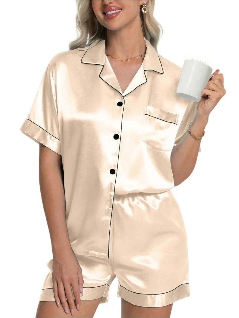 DAKIMOE Womens Silky Satin Pajama Set Short Sleeve Shirt with Shorts 2 Piece Pjs Sets Soft Silk S... | Walmart (US)