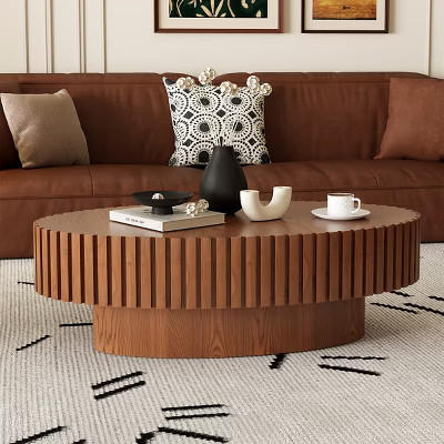 Brown Vintage Oval Coffee Table with Handcrafted Relief, MDF Wooden Olive-Shaped Tea Table with Sturdy Pedestal for Living Room - Panipeachy | Target
