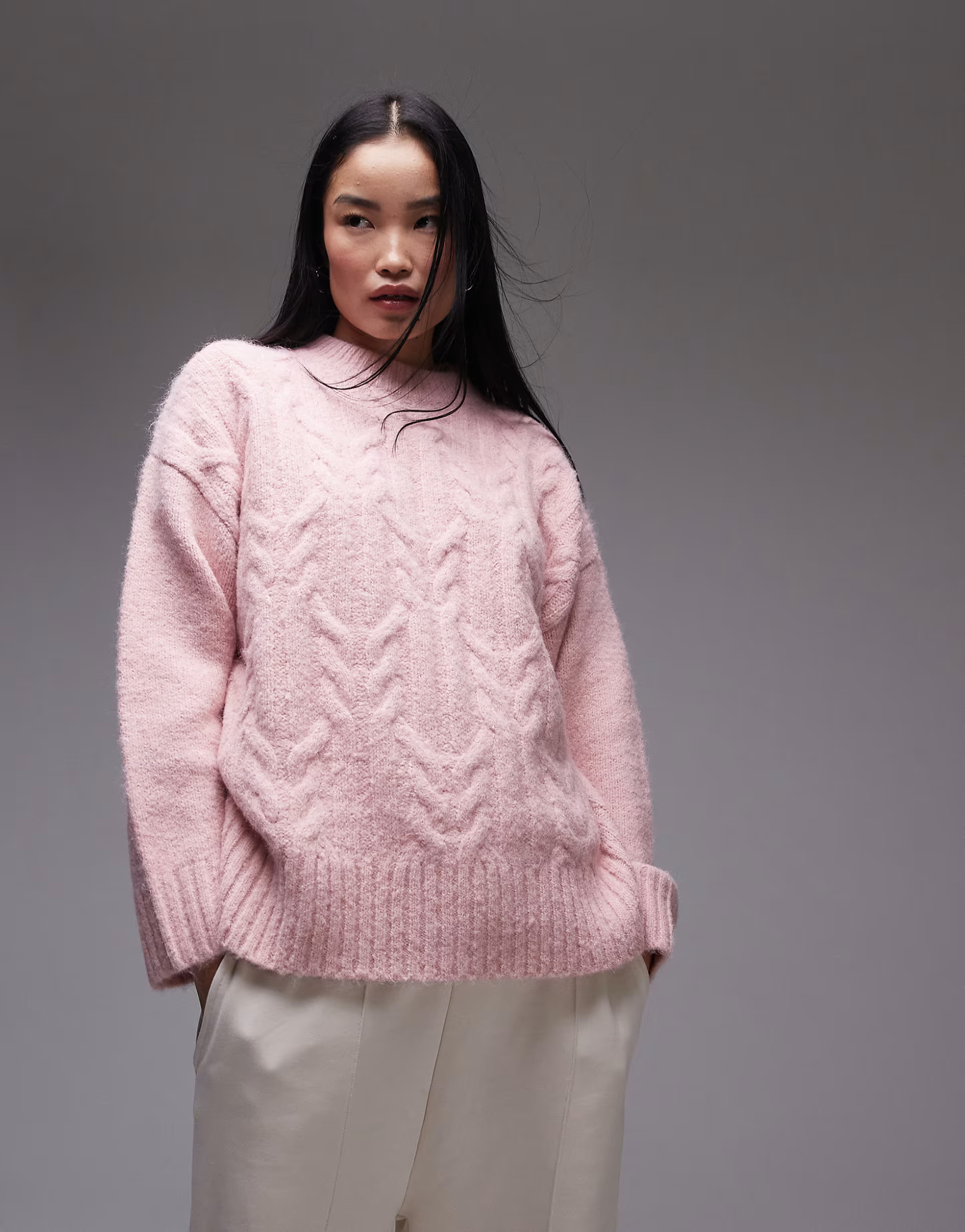 Topshop knitted fluffy oversized cable jumper in pink | ASOS (Global)