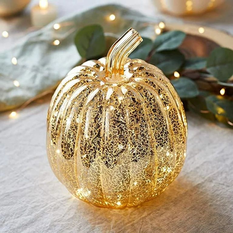 Lights4fun, Inc. Gold Mercury Glass Pumpkin Battery Operated LED Fall Thanksgiving Lighted Decora... | Walmart (US)