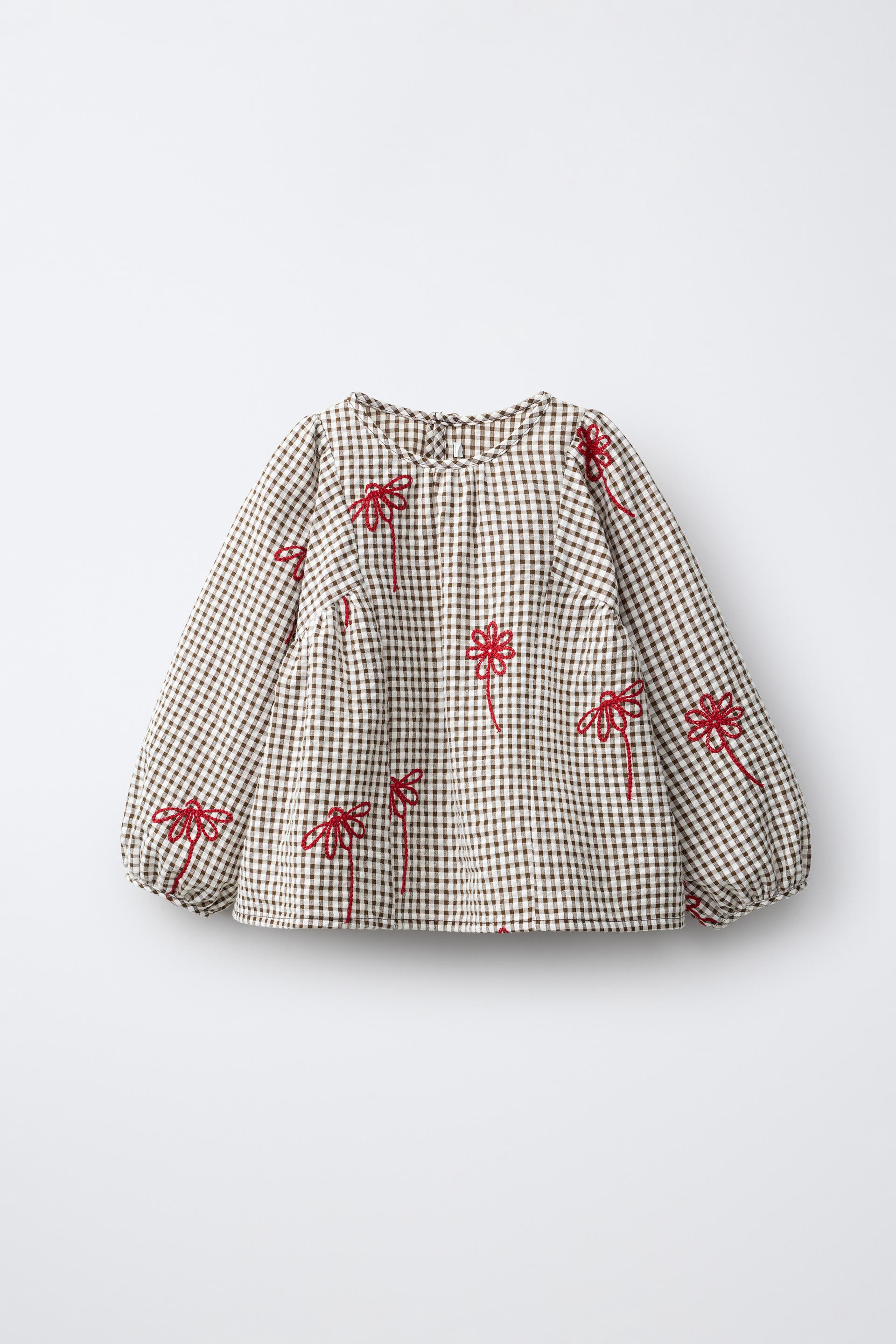 Zara - Plaid Shirt With Embroidered Flowers - Chocolate - 2 Years (36,2 Inches) - Kids | Zara US