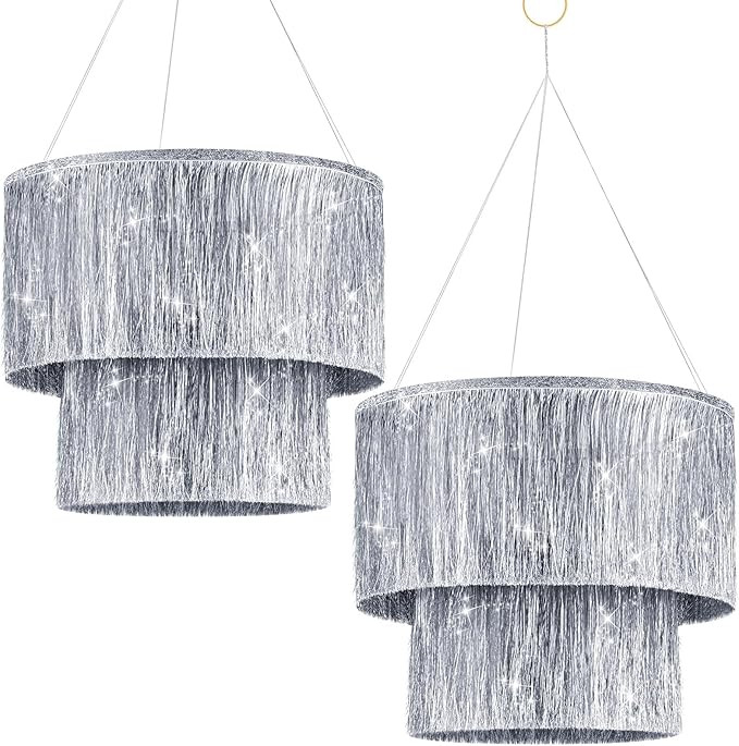 2 Pcs 2 Tier Fringe Tinsel Chandelier Iridescent Silver Foil Party Chandelier Decoration Metallic... | Amazon (US)