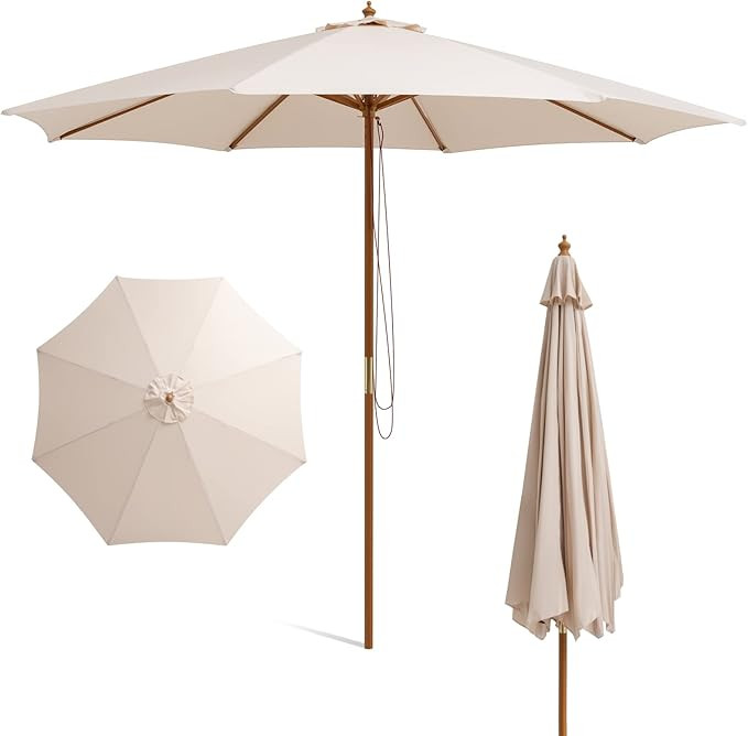 HAPPYGRILL 10 FT Wooden Patio Umbrella with Rope Pulley Lift, 8 Bamboo Ribs, 3 Adjustable Heights... | Amazon (US)