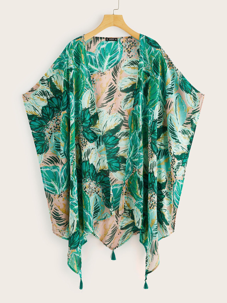 Tropical Asymmetrical Hem Tassel Detail Kimono | SHEIN