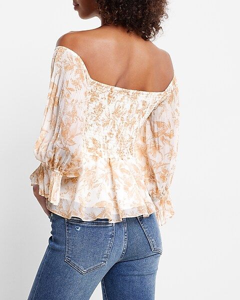 Printed Pleated Off The Shoulder Peplum Top | Express