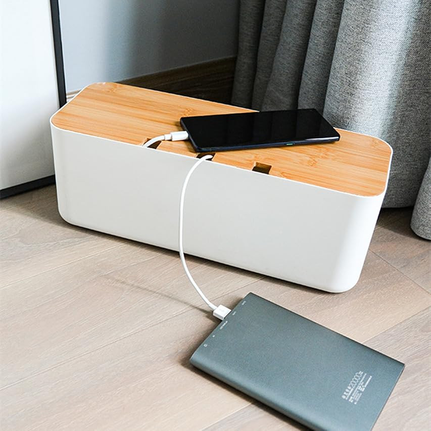 Cable Management Box by Baskiss, 12x5x4.5 inches, Wood Lid, Cord Organizer for Desk TV Computer USB  | Amazon (US)