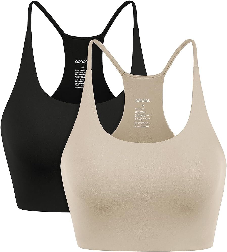 ODODOS 2-Pack Halter Sports Bra for Women Non Padded Strappy/Square Neck Cropped Tops Workout Yog... | Amazon (US)