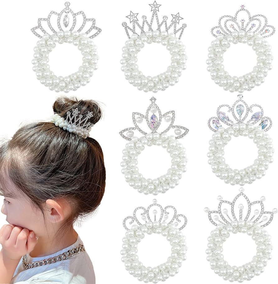 7 Pcs Beaded Hair Accessories: Pearl Crown Ponytail Holders, White Beads Scrunchies, Elastic Band... | Amazon (US)