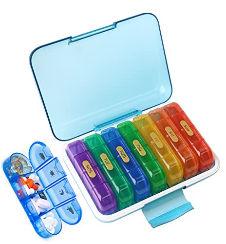 MURRI&MURRDI Pill Organizer 4 Times a Day, Daily Pill Box Large Weekly Medicine Case 7 Day Pill Dispenser Holder for Pills, Vitamins, Fish Oils, Medications, Supplements (28 Cells, Multicolored) | Amazon (US)