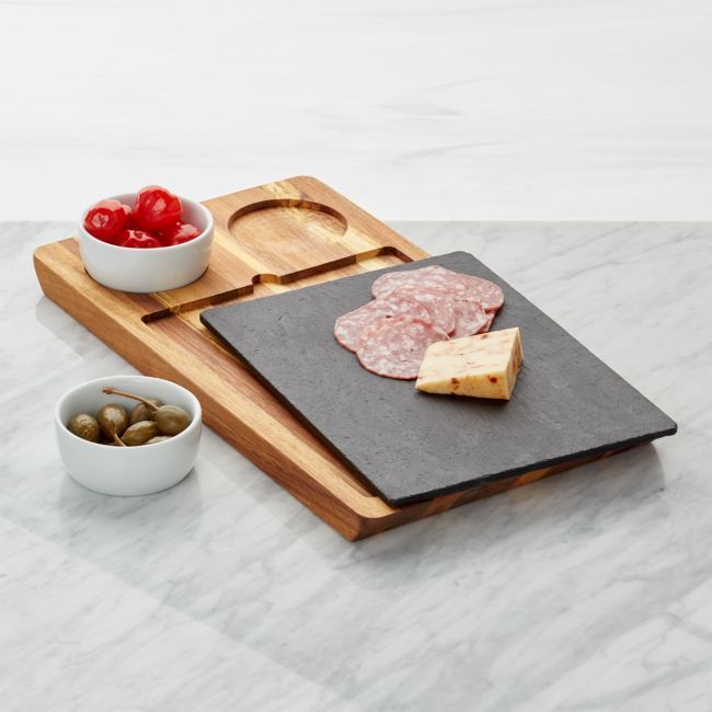 Slate and Wood Serving Board with Bowls | Crate & Barrel