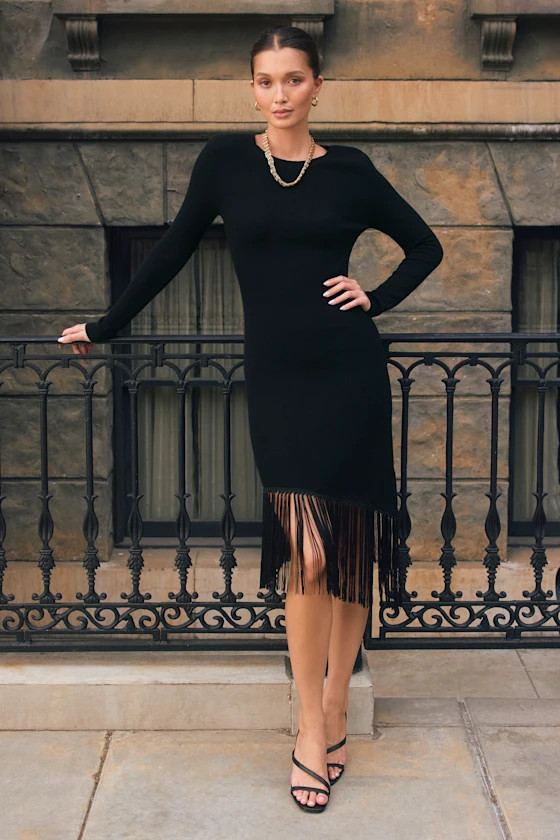 Lilyrose Black Asymmetrical Fringe Sweater Dress | Lulus