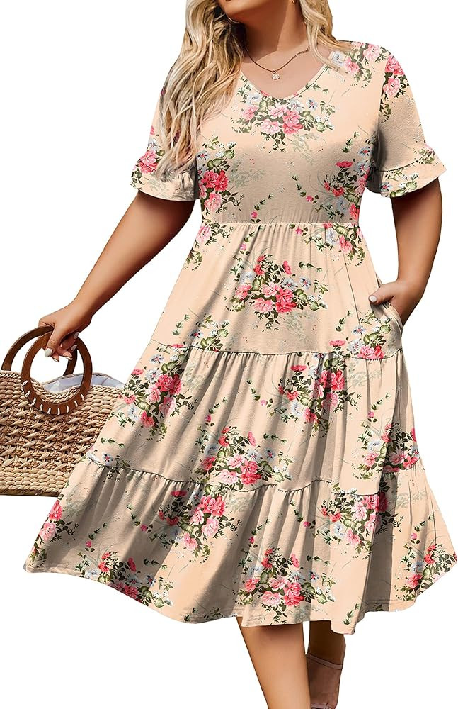 IN'VOLAND Womens Plus Size Short Sleeve Dress Summer Midi Casual Tiered V-Neck Aline Flowy Loose ... | Amazon (US)