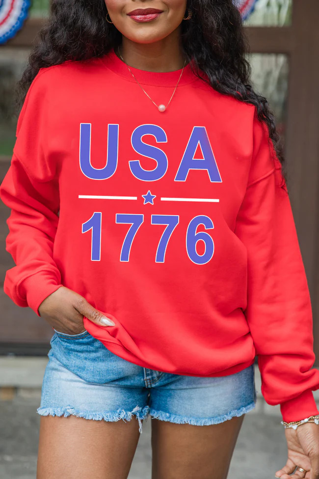 USA 1776 Red Oversized Graphic Sweatshirt | Pink Lily