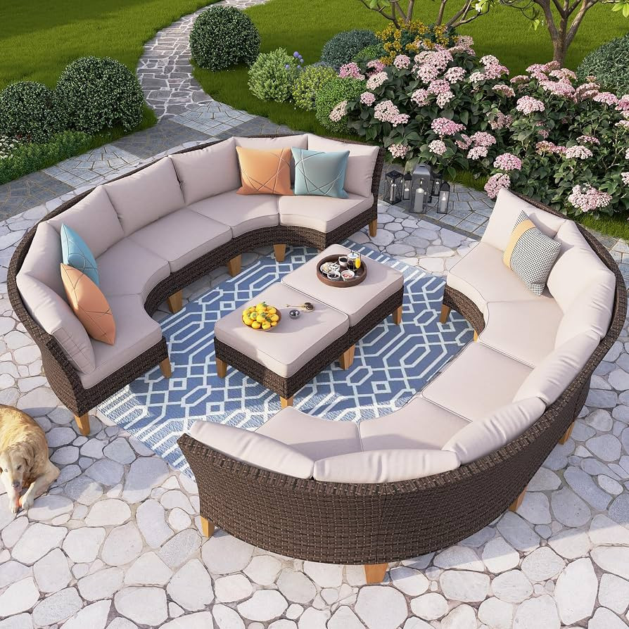 PHI VILLA 12 Pieces Patio Conversation Set Half Moon Wicker Outdoor Furniture Sofa Set Curved Cir... | Amazon (US)