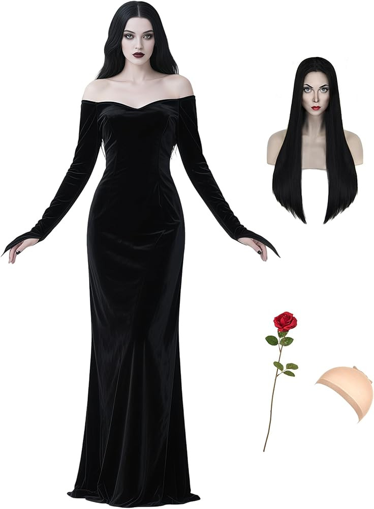Halloween Costume for Women Black Gothic Dress Costume with Wig Red Rose Cute Soft Black Dress fo... | Amazon (US)
