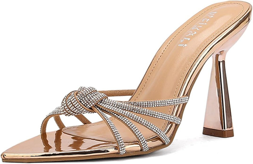 Tokouk Women's Strappy Rhinestone Pointed Toe Stiletto Slides Sandals Sexy Backless Comfortable S... | Amazon (US)