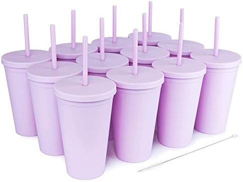 Tumblers with Lids (12 pack) 16oz Pastel Colored Acrylic Cups with Lids and Straws | Double Wall Mat | Amazon (US)