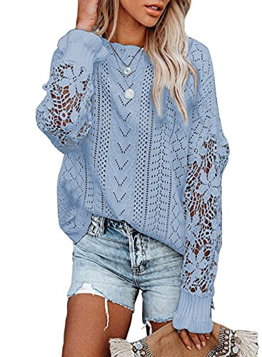 Dokotoo Womens Crewneck Crochet Lace Long Sleeve Hollow Out Cable Knit Sweaters Pullover Tops | Amazon (US)