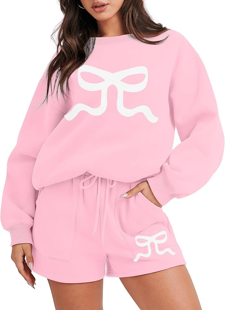 MAXIMGR Women 2 Piece Outfits Bow Graphic Sweat Shorts Sets Casual Lounge Matching Set Sweatsuit ... | Amazon (US)