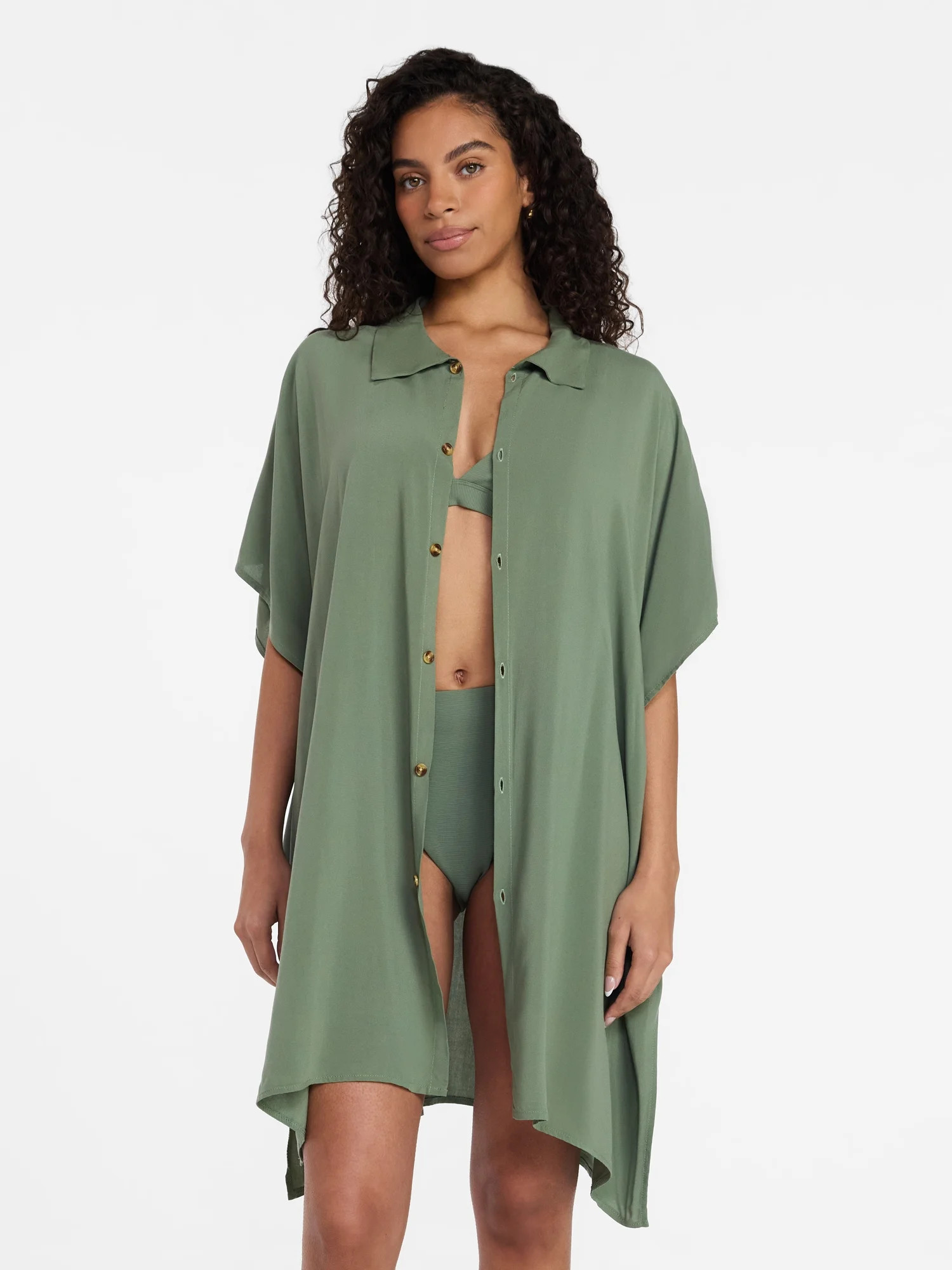 Time and Tru Women's Button-Down Coverup, Small/Medium, Green, Summer Fashion | Walmart (US)
