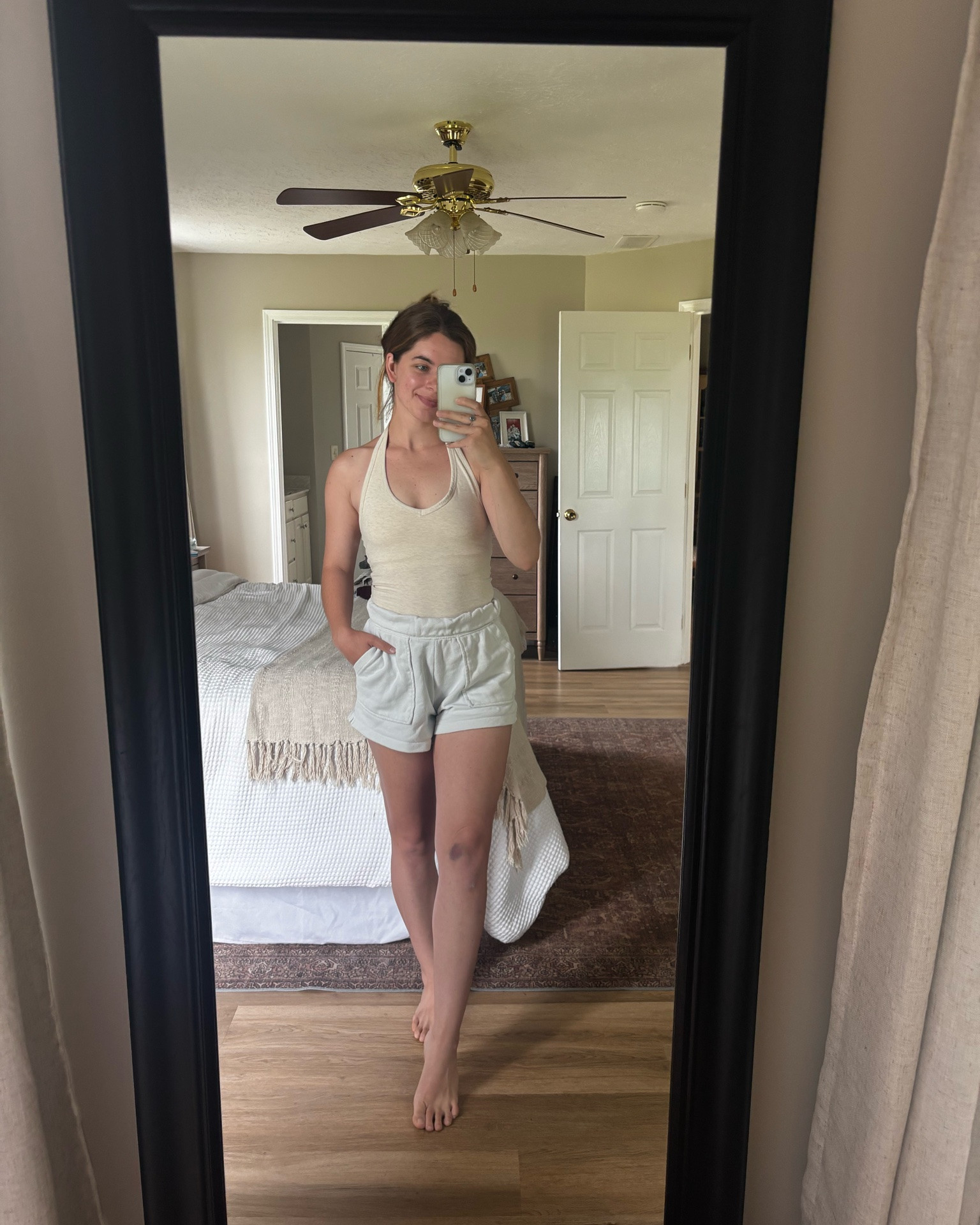 Bruise on my knee courtesy of Ruby or Po not sure what happened 😂 training a horse isn’t for the weak of heart phew.  This top is @Aerie told yall I was ordering every color asap lol and the go to shirts in XS I usually wear a S for more booty coverage in these shorts but an xs in most everything else!

#LTKdayinmylife #LTKootd #LTKmomlife