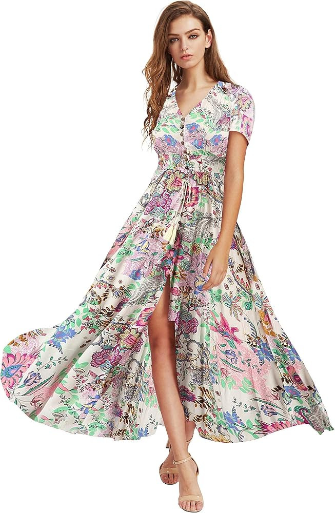 Amazon.com: Milumia Women Button Up Floral Print Party Split Flowy Maxi Dress Multicolour X-Small... | Amazon (US)