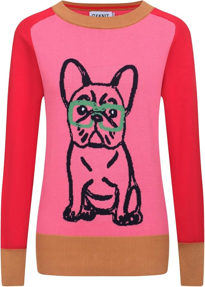 OXKNIT Women's Knitted Shirts Long Sleeve Retro French Bulldog Jacquard Color Block Casual Cotton... | Amazon (US)