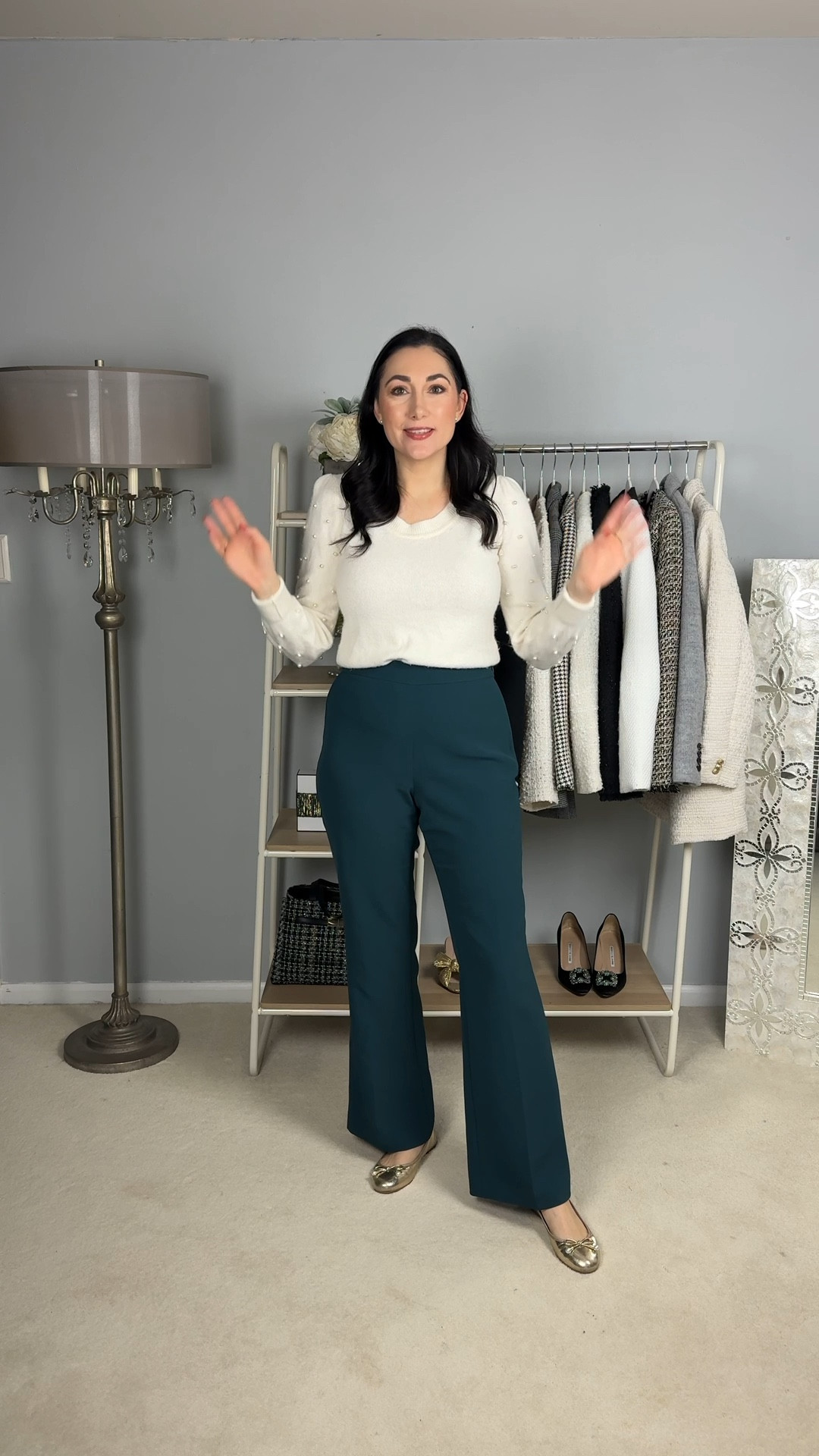 Business casual work outfit of the day 💚🤍

Cream sweater with pearl sleeves 
Green pants 
Gold ballet flats size 6.5, sized down half size 

Work wear 
Office outfit 

#LTKWorkwear #LTKCyberWeek #LTKHoliday
