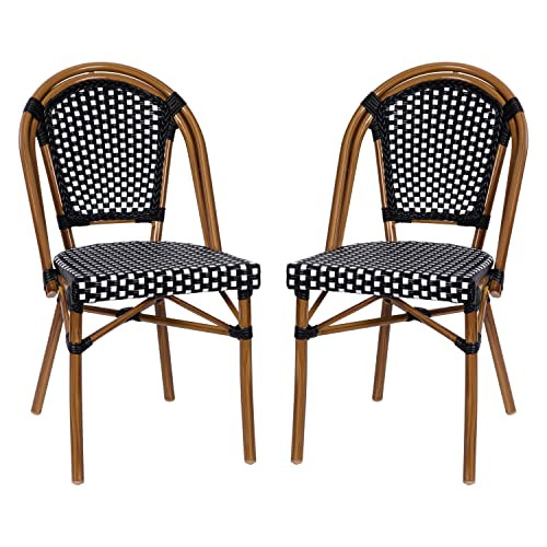 Flash Furniture Bordeaux Set of 2 Indoor/Outdoor Commercial Bistro Stack Chairs - Black/White PE Rattan Back and Seat - Natural Bamboo Print Aluminum Frame | Amazon (US)