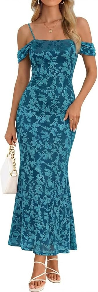 MEROKEETY Women's 2026 Summer Off The Shoulder Spaghetti Strap Floral Mesh Wedding Guest Cocktail... | Amazon (US)
