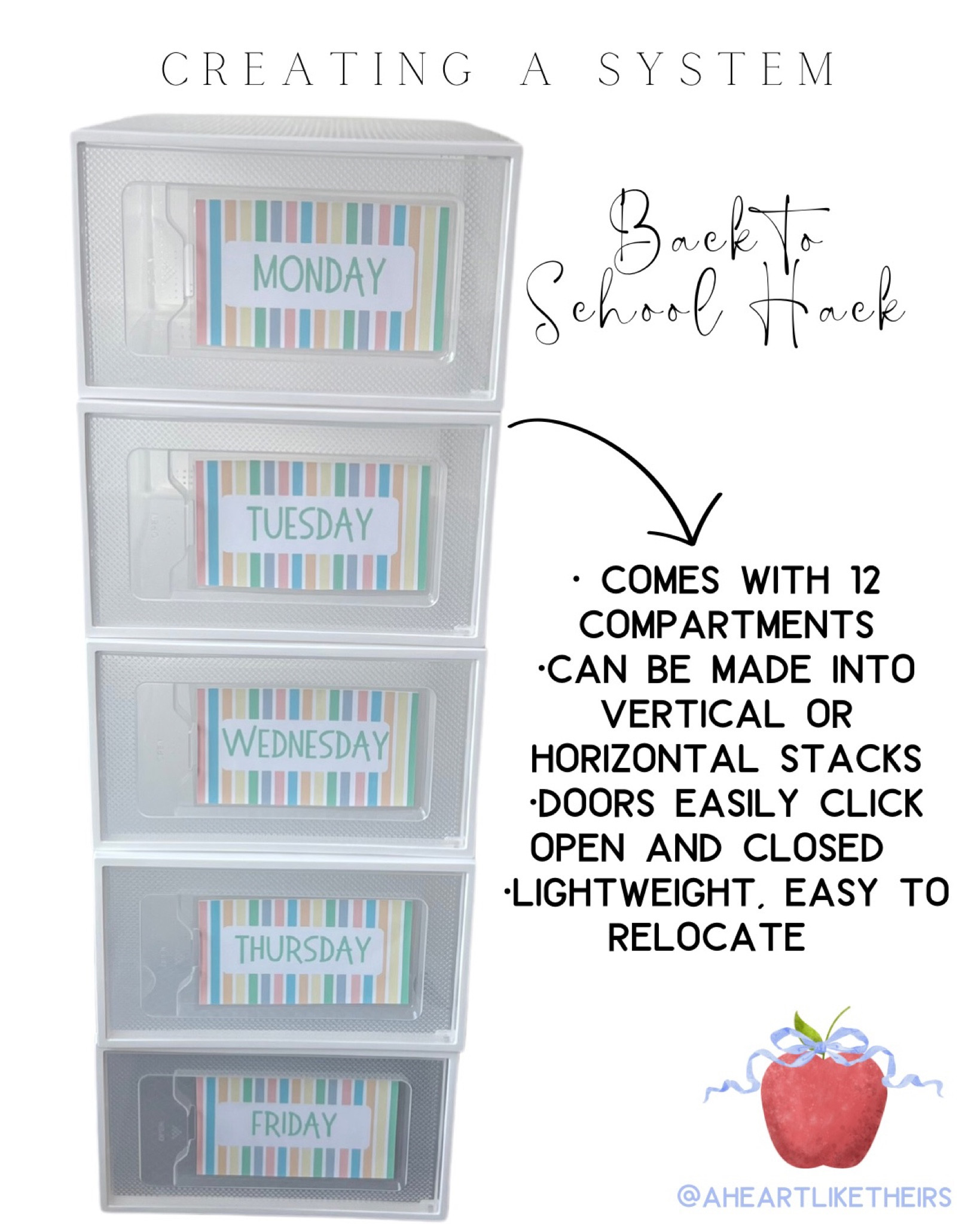 Back to school hack! These are perfect for storing uniforms or even snacks and after school activity supplies during the school year! Foster independence and organization at once by creating a system involving the kids!

Head to instagram @aheartliketheirs for a freebie of Monday-Friday labels to fit these containers!

#LTKkids #LTKSeasonal #LTKBacktoSchool