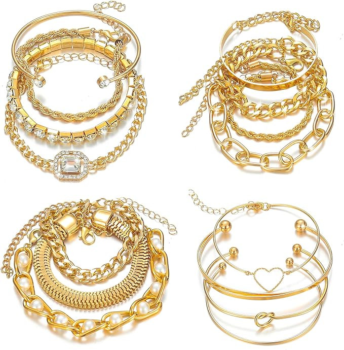 15 Pcs 14K Plated Gold Bracelets Set for Women Girls, Multiple Layered Stackable Open Cuff Bangle... | Amazon (US)