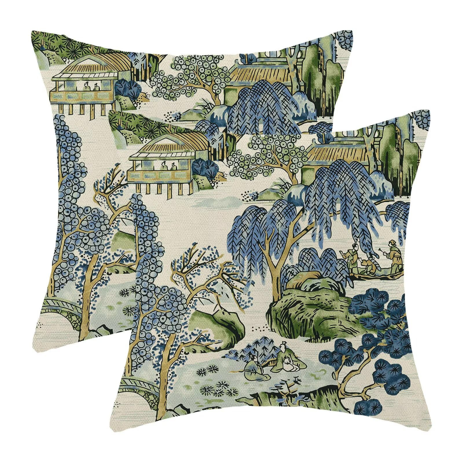 Sage Green Blue Chinoiserie Pillow Covers 18x18 Set of 2 Chinoiserie Tree Leaves Decorative Throw... | Amazon (US)