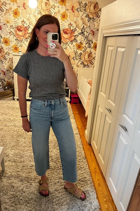 If you are looking for a great crop wide leg jean for spring, I love this style from Madewell! I always size down in Madewell jeans. I paired it with their basic whisper tee which I wear a small in!